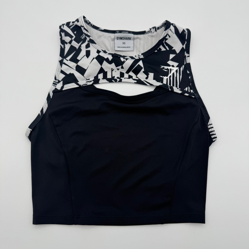 Gymshark Fraction Crop Top Black White Geometric Cutout Athletic Tank XS Workout